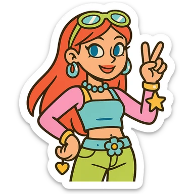 Y2K style girl with red hair, shiny accessories, pastel colors sticker