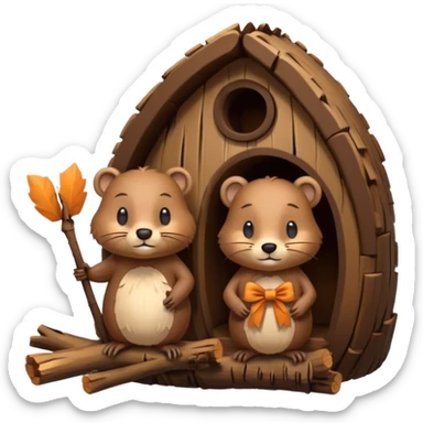 a beaver couple, one a female with a bow on her head in a beaver home made of sticks and logs sticker