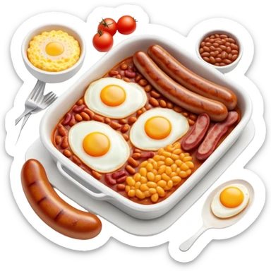 Cinematic Realistic English Breakfast Dish Emoji, showcasing a hearty ensemble of eggs, bacon, sausages, baked beans, and grilled tomatoes rendered with lifelike texture and vibrant, appetizing detail that exudes comforting tradition. sticker