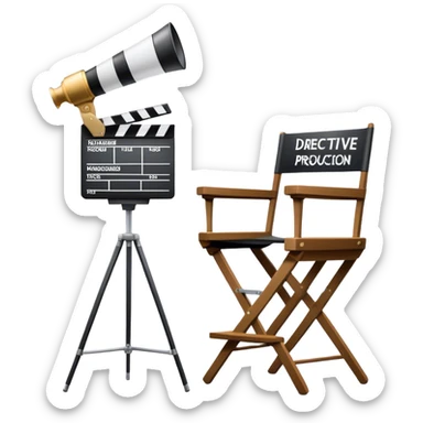 Icon for Directing: a director's chair, a film slate, a megaphone, and a stage set with lights. The icon should represent the creative and leadership aspects of directing, with focus on film and theater production. Transparent background. sticker