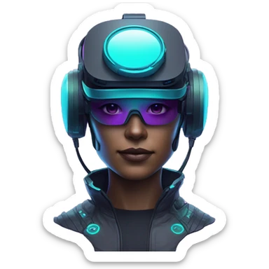 Secret human agent in a futuristic hat with in Apple VR google headset , cyberpunk, cyan and purple colors, only upper body portrait, front facing the camera  sticker