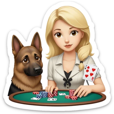 Blonde girl playing black jack with German shepherd  sticker