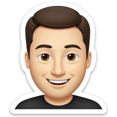 Fuller-figured businessman with light brown complexion, pear-shaped face with wider jawline, very friendly open expression, laughing smile, kind approachable eyes, thick eyebrows, wide nose, short neat beard, short dark hair, wearing a black shirt sticker