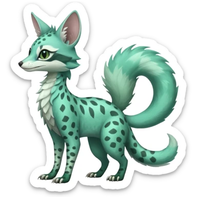 Feral Rare Fantasy minty-cyan pastel-seafoam-green Hunter-forest-green  Vernid-Sergal-Genet-Trico-species by LiLaiRa, random markings, tufted tail, tufted ears, full body sticker