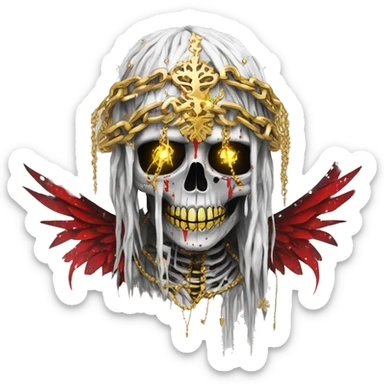 White skeleton zombie person covered in golden chains and black graffiti scribbles and red and silver doodles wings made of neon lightning snowing snowflakes crown made of snowflakes  sticker