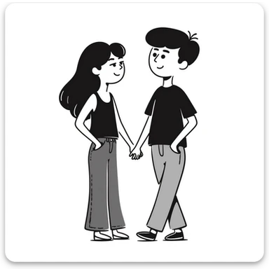 A girl with long brown hair holding the hand of a boy with short black hair, she wearing a black tank top with flared blue jeans, he wearing a black t-shirt with grey jeans, couple in love sticker