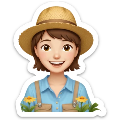 A girl with short hair, wearing a straw hat decorated with wildflowers, and a light blue shirt, laughing brightly. sticker