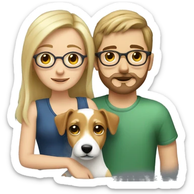  blonde girl without glasses and a white boy with brown hair and glasses, a little Beard and moustache, both cuddling a jack Russell sticker