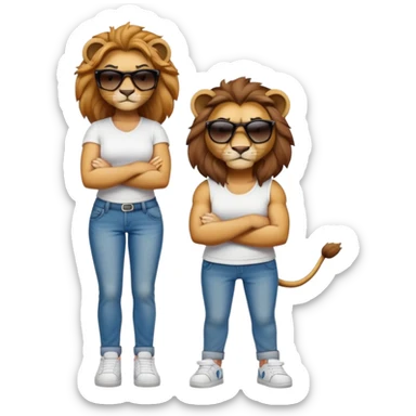 female lion character, full body, standing with arms crossed, wearing jeans, white t-shirt, trainers, dark sunglasses, strong and determined look sticker