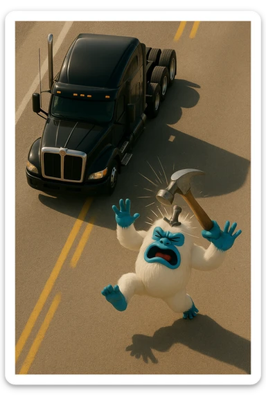 Make the scene lighter and show the hammer actively hitting the abominable snowman on the head, realistic top-down view, no text. Maintain a realistic style with clear lighting and dynamic action of the hammer hitting the snowman. sticker