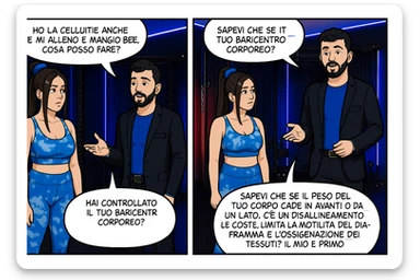 TRASFORMA QUESTO CAROSELLO IN UN FUMETTO CON QUESTE DUE PERSONE IDENTICHE CHE INTERLOQUISCONO TRA LORO:

LEI: Ho la cellulite anche se mi alleno e mangio bene, cosa posso fare?

LUI: Hai controllato il tuo baricentro corporeo?
Sapevi che se il peso del tuo corpo cade in avanti o da un lato, c’è un disallineamento fra bacino e torace, che comprimendo le coste, limita la motilità del diaframma e l’ossigenazione dei tessuti?
Il mio è il primo e unico percorso che lavora sugli inestetismi con un lavoro mirato sul baricentro corporeo. sticker