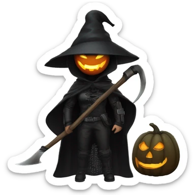 Human female pumpkin hunter with a scythe, glowing pumpkin eyes inside a black helmet, Halloween theme, emoji sticker
