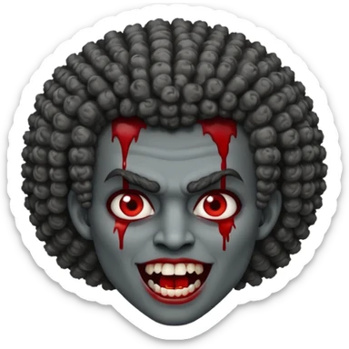 vampire with grey skin, fanged teeth, blood on face and a curly Afro sticker
