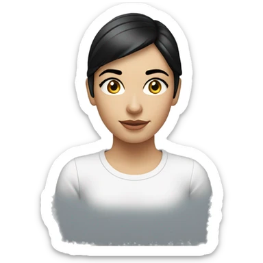 A head and shoulders shot of a 20 year old caucasian woman with short black hair wearing a tshirt. sticker
