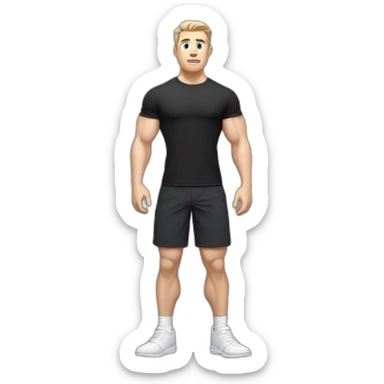 Confused Pale skinned Fit Man With the biceps and dark brown hair in black shirt, gray sports shorts and white Sneakers sticker