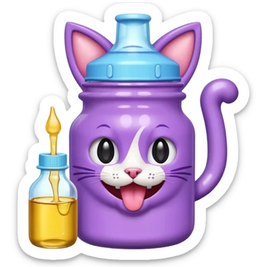 Smiling bottle of oil light purple top and light blue sticking tongue out and with cat ears sticker