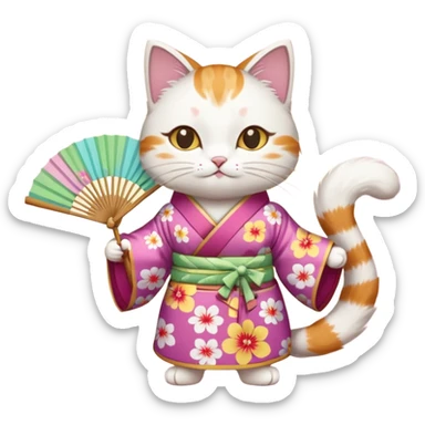 A cat in kimono-style outfit, opening a floral fan with gentle poise. sticker