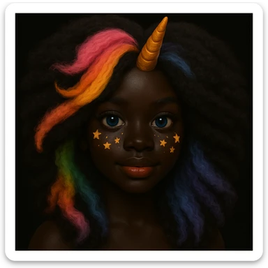 Change the character's skin to a deep black tone and give her fluffy, voluminous hair while keeping the rainbow hair, gold unicorn horn, blue eyes, and star freckles. Maintain the original style and details. sticker