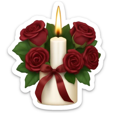 A flickering burgundy candle surrounded by deep red roses and a flowing satin ribbon
 sticker