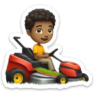 Normal mixed kid cutting grass with lawn mower sticker