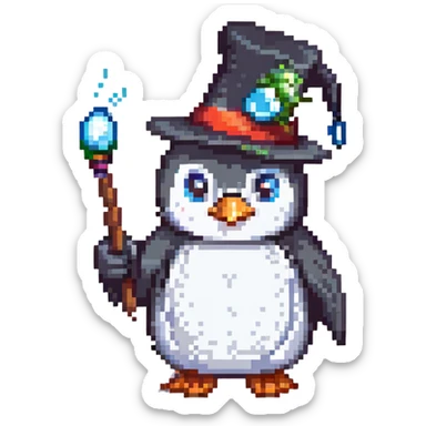A penguin wizard with a tall hat and a magic wand sticker