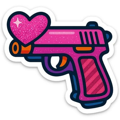 Add sparkling glitter details to the vibrant toon pink heart pistol, keeping the bold outlines and playful look, with no background. sticker