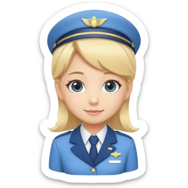Cute emoji-style Japanese flight attendant, blonde hair long, pastel blue airline uniform, kawaii cartoon style, big eyes, simple clean lineart, pastel colors, chibi proportions, friendly smile, sticker/emoji, transparent background sticker