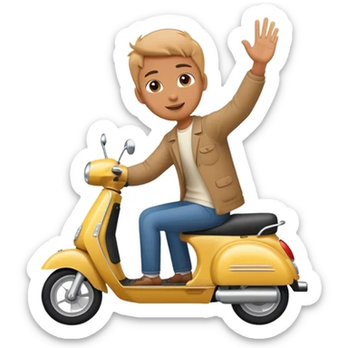 Riding a scooter with a waving hand sticker
