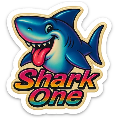 Smiling with tongue sticking out
Add the words Shark One sticker