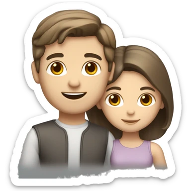 Lovely brunette couple with grey cat. Girl’s skin is light, hair brown. Boy is light skin with collected to tail brown hair sticker