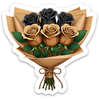 boquet of black n more brown roses in a paper package sticker