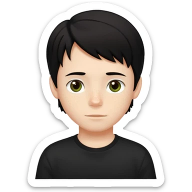 A boy with dark black hair and hazel green and brown eyes and white skin , with freckles and black t shirt with middle part hair hair with a center part haircut  sticker