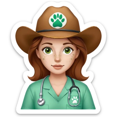 Pale Woman with brown hair and green eyes and freckles on her cheek bones wearing scrubs that have a paw print logo on the scrubs  and a cow girl hat sticker