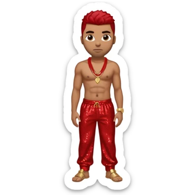 Ginuwine with red sequin baggy pants, shirtless with necklace, dark brown hair sticker