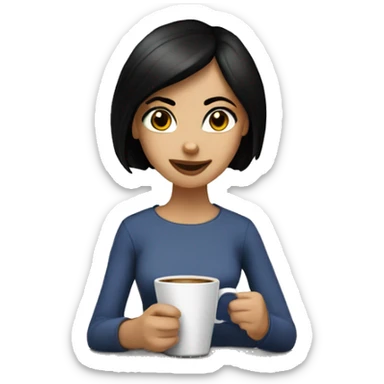 caucasian girl with straight black hair drinking coffee sticker