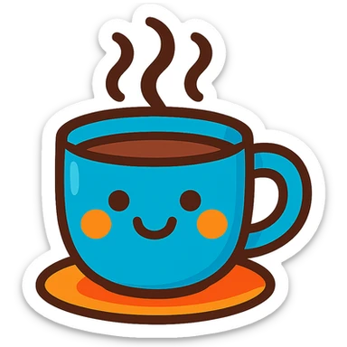 steaming cup of coffee with a smiley face, symbolizing a daily pick-me-up, playful and colorful style sticker