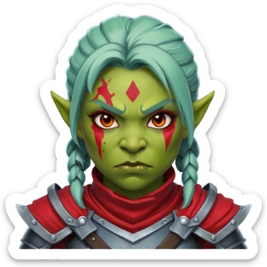 Fantasy Christmas orc legion soldier icon, iron tundra army theme, heavy winter armor, disciplined brutal look, dark icy steel armor with bold crimson cloth and markings, cold blue shadows, high contrast, clean emoji portrait style, female variant sticker