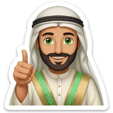"Tanned Arab Saudi man with green eyes and a beard, wearing an agal and traditional attire, smiling happily and giving a big thumbs-u sticker
