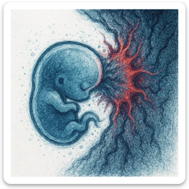 close-up of stylized embryo trying to adhere to rough or hostile uterine wall, visual elements suggesting inflammation or resistance, cold colors, white background sticker