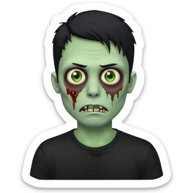 Zombie Emoji AppleIOS Style, lowfade Black Hair, nose piercing, and Black T-shirt, Green Skin sticker