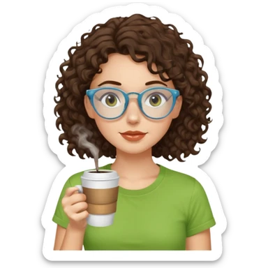 White girl with dark brown curly hair, brown eyes, sky blue glasses, apple green t shirt, drinking coffee sticker