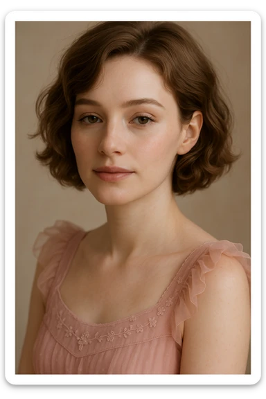 close-up portrait of a woman with white skin, short wavy light brown hair, light makeup, wearing a pink dress with delicate details, soft and graceful expression sticker
