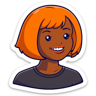 dark skinned Black woman with orange bob wig like Chucky's hair, visible plaque on her teeth sticker