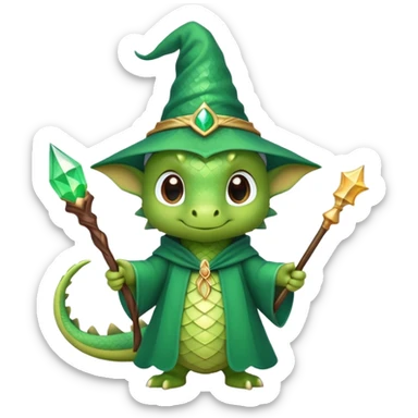 A cute dragon wearing a pointed wizard hat and robes, holding a magic wand sticker