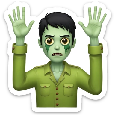 green zombie with one hand raised in the air and black hair sticker