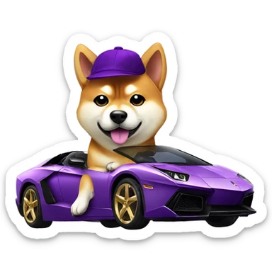 shiba inu with purple hat, with gold chain, sitting on top of a purple Lamborghini  sticker