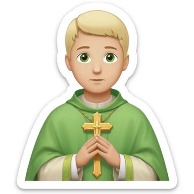 a priest, green eyes, blonde hair, light green chasuble. opening arms, gazing thoughtfully. Soft light, subtle fern. Waist-up, profile. sticker