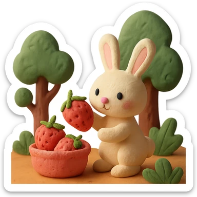 bunny picking strawberries in the woods, sweet pastel red, claymation style sticker