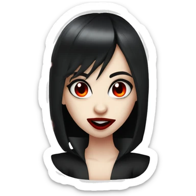 a vampire teen girl, black hair, red eyes, red lips and fangs, biting sticker