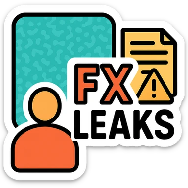 logo with turquoise textured background, left simple masked figure, center bold 'FX LEAKS' with 'FX' highlighted, right document with triangular warning, theme sensitive financial information sticker
